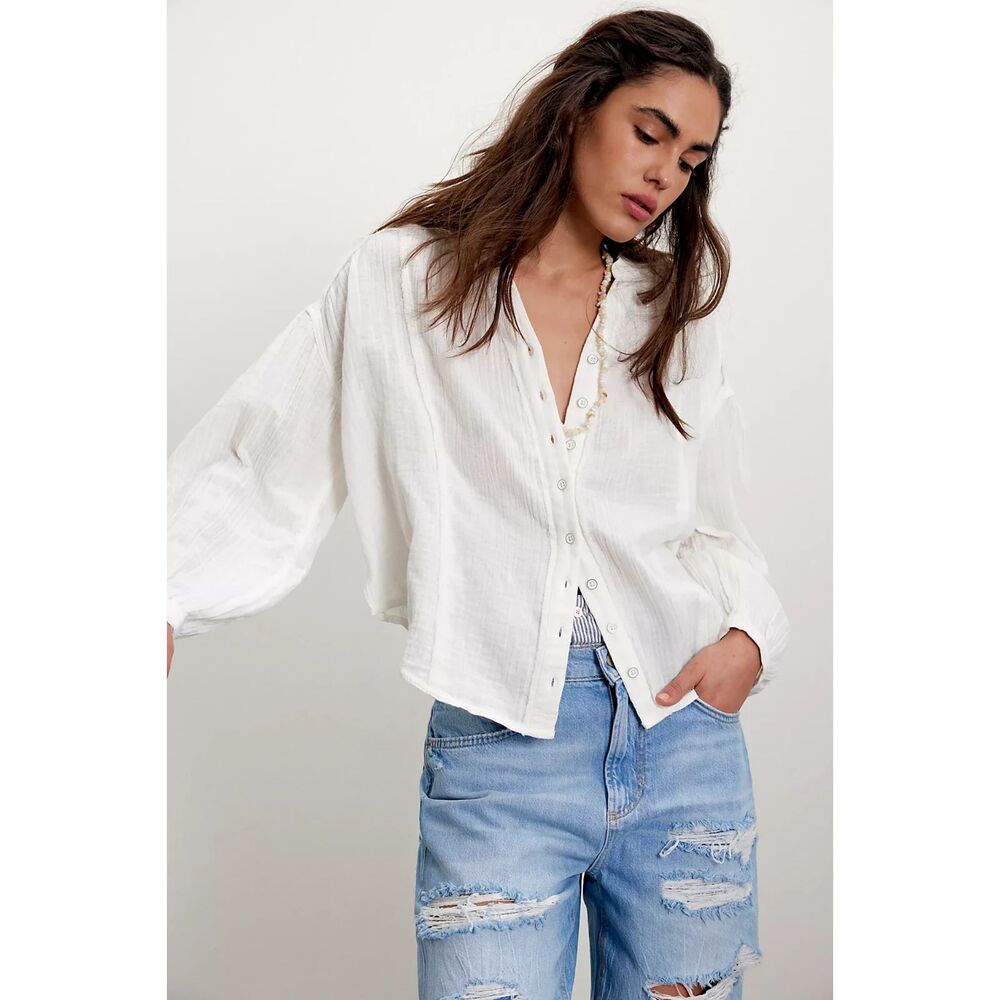 Free People Valley Double Cloth Ivory Button Down Shirt Size S 100% Cotton NWT